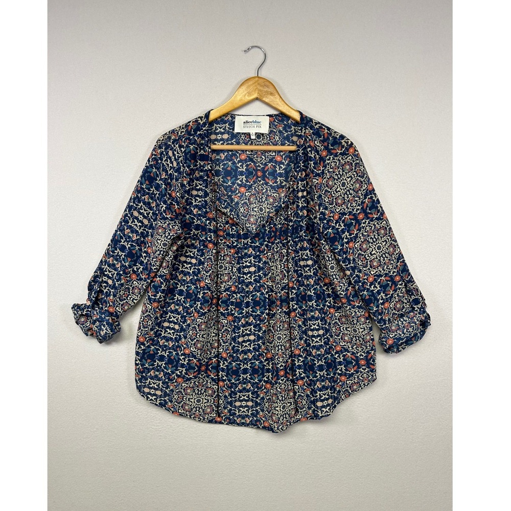 Boho Alice Blue Women Medium Navy Blue Floral Mandala Split Neck Blouse T93174